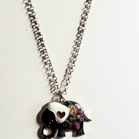 Handpainted Enamel Elephant, Necklace - White Ears - Picture 5 of 7